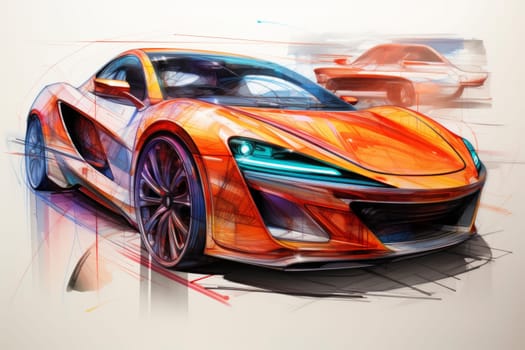 A colorful, abstract representation of a modern car bursts with dynamic lines and shapes, highlighting the artistry of automotive design. The drawing radiates motion and innovation on canvas