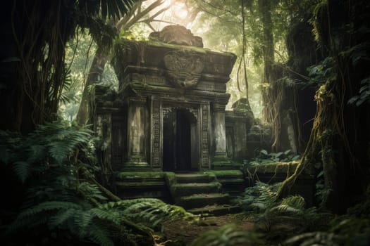 Ancient temple ruins in a dense jungle. Mysterious exploration and adventure concept. Design for travel brochures and historical documentaries