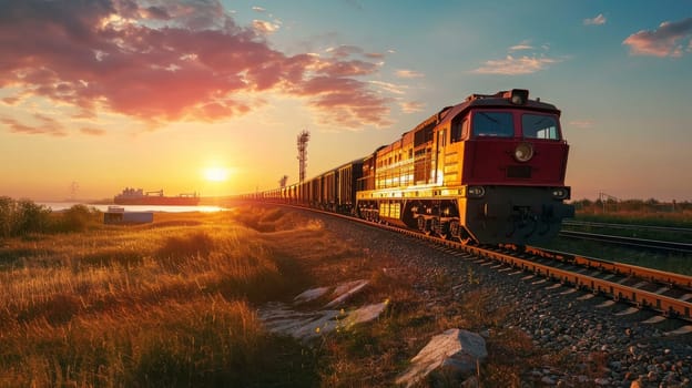 A vibrant sunset backdrop with a red freight train moving along railroad tracks.