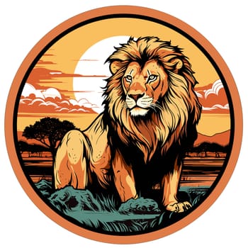 Lion King. Abstract portrait of a proud and majestic lion on nature background in vector mosaic pop art style. Template for t-shirt print, poster, sticker, etc. Design element