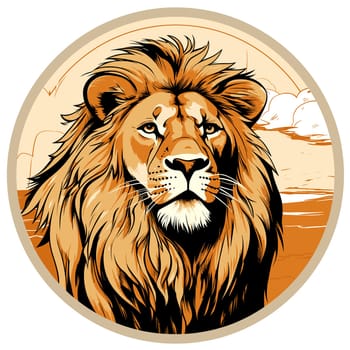 Lion King. Abstract portrait of a proud and majestic lion on nature background in vector mosaic pop art style. Template for t-shirt print, poster, sticker, etc. Design element