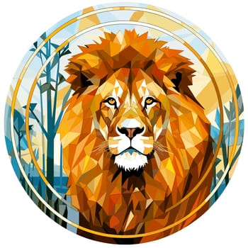 Lion King. Abstract portrait of a proud and majestic lion on nature background in vector mosaic pop art style. Template for t-shirt print, poster, sticker, etc. Design element