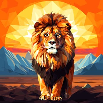 Lion King. Abstract portrait of a proud and majestic lion on nature background in vector mosaic pop art style. Template for t-shirt print, poster, sticker, etc. Design element