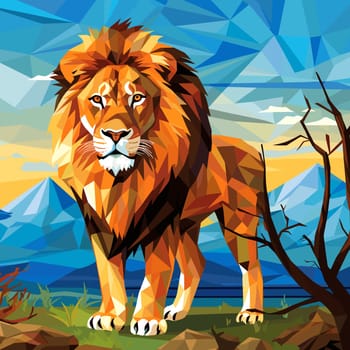 Lion King. Abstract portrait of a proud and majestic lion on nature background in vector mosaic pop art style. Template for t-shirt print, poster, sticker, etc. Design element