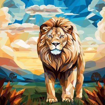 Lion King. Abstract portrait of a proud and majestic lion on nature background in vector mosaic pop art style. Template for t-shirt print, poster, sticker, etc. Design element