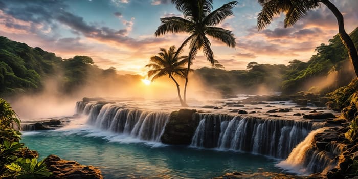 Fantasy landscape with waterfall at sunset, panorama.