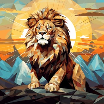 Lion King. Abstract portrait of a proud and majestic lion on nature background in vector mosaic pop art style. Template for t-shirt print, poster, sticker, etc. Design element