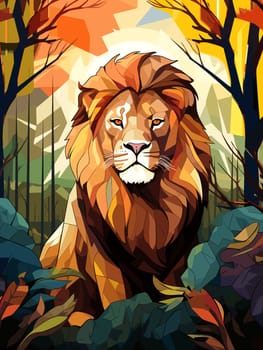 Lion King. Abstract portrait of a proud and majestic lion on nature background in vector mosaic pop art style. Template for t-shirt print, poster, sticker, etc. Design element