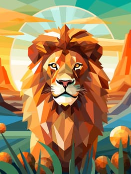 Lion King. Abstract portrait of a proud and majestic lion on nature background in vector mosaic pop art style. Template for t-shirt print, poster, sticker, etc. Design element