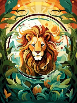 Lion King. Abstract portrait of a proud and majestic lion on nature background in vector mosaic pop art style. Template for t-shirt print, poster, sticker, etc. Design element