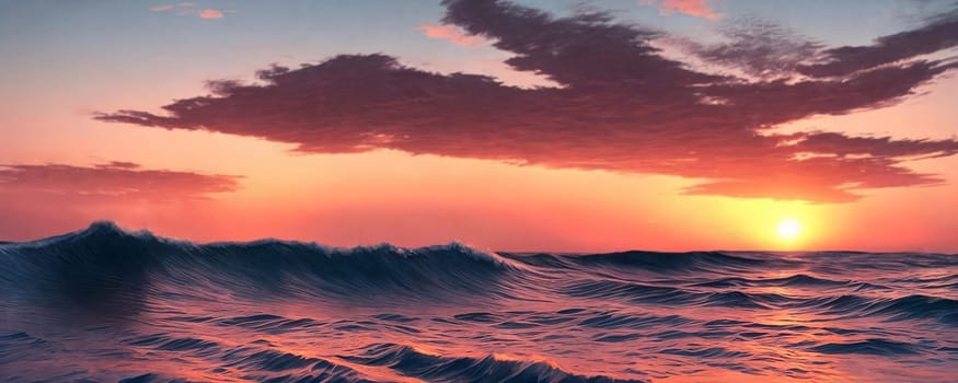 Sunset over the sea, waves on the foreground, panorama