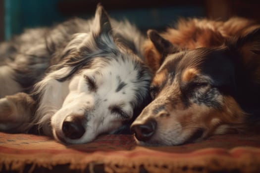 Two dogs sleeps together. Funny pet love. Generate Ai