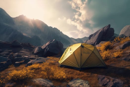 Tent in mountains sunshine. Summer camp. Generate Ai