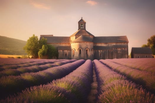 Lavander field near house. Nature france sky. Generate Ai