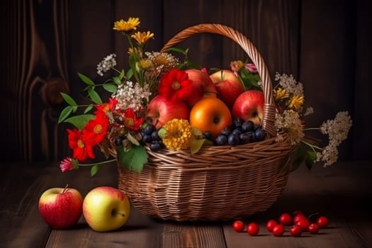 Apple with flowers in basket. Sweet food. Generate Ai