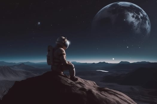 Astronaut sitting on planet at sunset. Man astronomy. Generate Ai