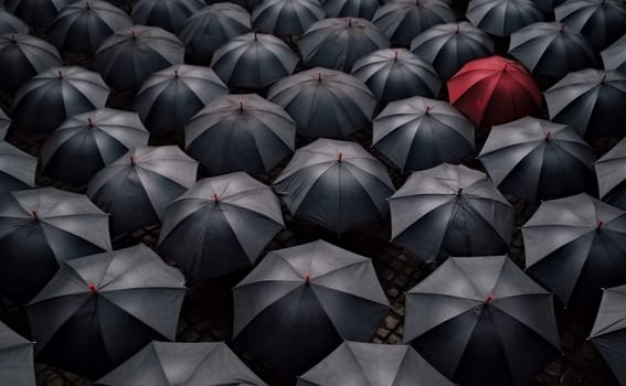 Black umbrellas with red one. Rain stand. Generate Ai