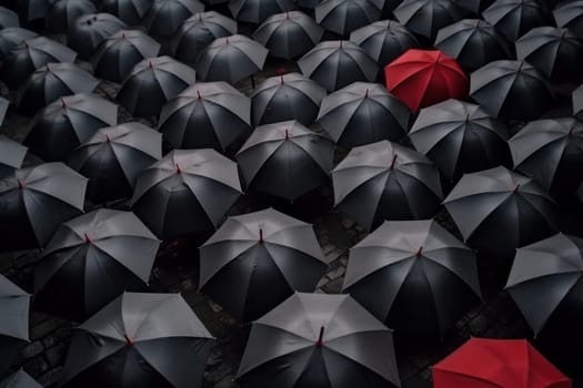 Black umbrellas with two red. Rain idea group. Generate Ai