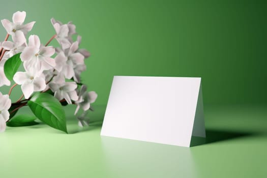 Blank greeting card on green wall. Empty white. Generate Ai