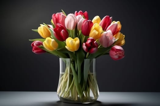 Tulip bouquet in glass vase. Spring gift. Generate Ai