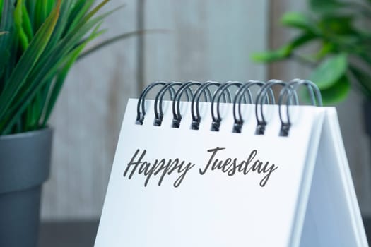 Happy tuesday text on white calendar with potted plant background on wooden desk.
