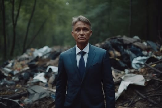 Businessman in suit stands in garbage forest. Work poor. Fictional person. Generate Ai