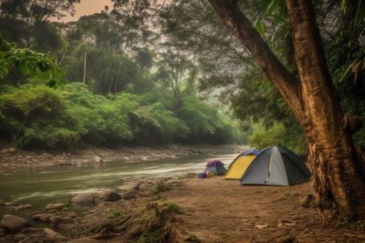 Camping jungle river. Tree landscape. Generate Ai