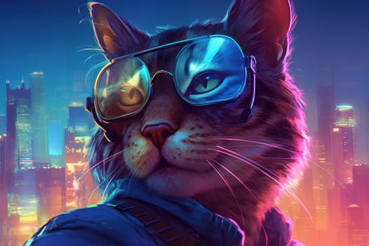 Cyber cat glasses. Neon light. Generate Ai