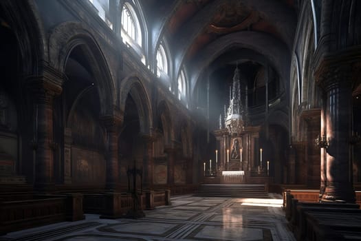 Cathedral dark interior. Old religion. Generate Ai