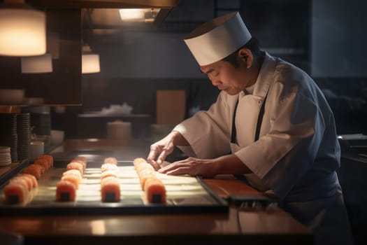 Chef sushi working. Cook food. Fictional person. Generate Ai