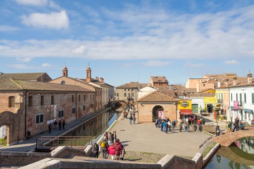 Comacchio, Italy. February 25, 2024.  Panoramic view of the town center