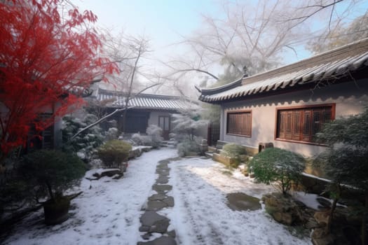 China house at winter. Old temple travel. Generate Ai