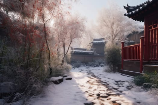 China house winter yard. Temple travel. Generate Ai