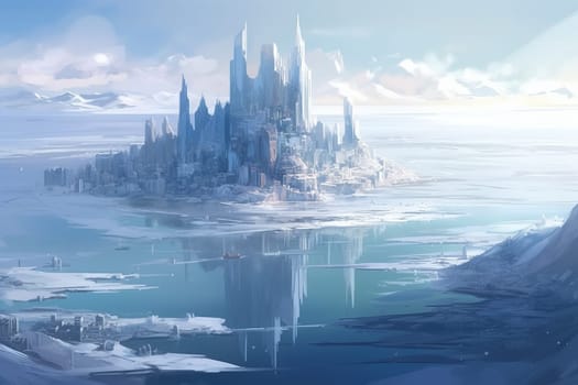 Castle city on ice island. Snow frost. Generate Ai