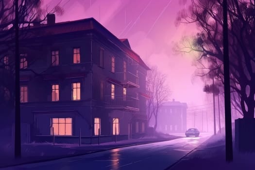City street purple night. Street urban future. Generate Ai