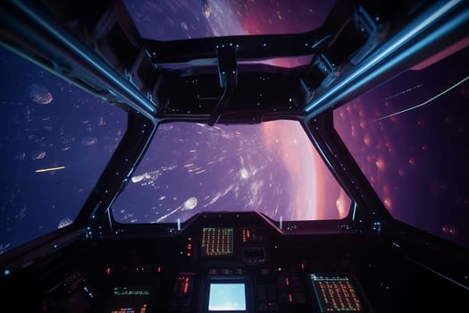 Cockpit space battle ship. Digital metal. Generate Ai