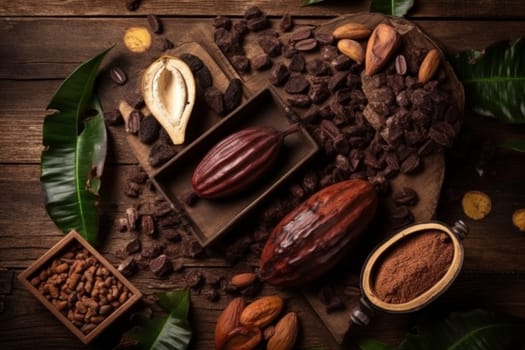 Cocoa pod products on table. Nature raw organic. Generate Ai