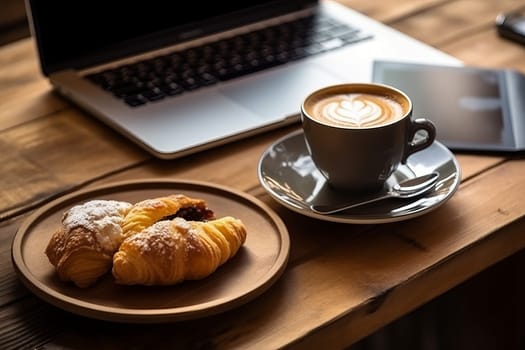 Coffee pastry laptop. Tasty croissant. Generate Ai