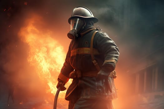 Fireman with helmet. Flame rescue. Fictional person. Generate Ai