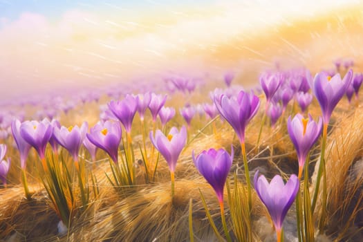 Sunny crocus field. Nature flower. Generate AI