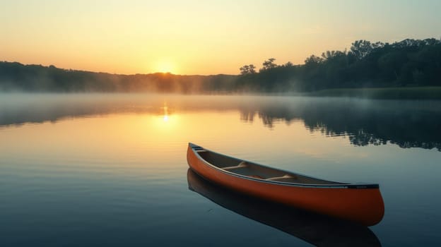 A single canoe rests on the calm waters of a misty lake reflecting the golden sunrise and the surrounding forest. Resplendent.