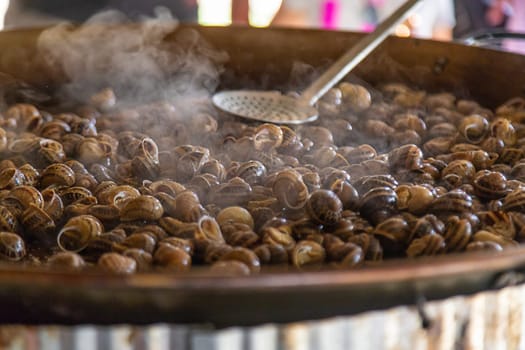 escargot is fried in a frying pan. Selective focus. food.