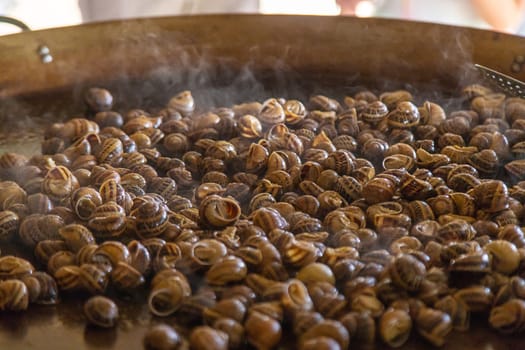 escargot is fried in a frying pan. Selective focus. food.