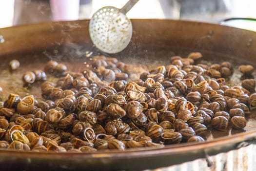 escargot is fried in a frying pan. Selective focus. food.