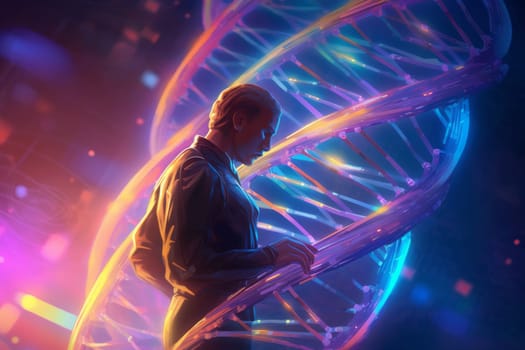 Dna molecule in neon light. Man science. Fictional person. Generate Ai