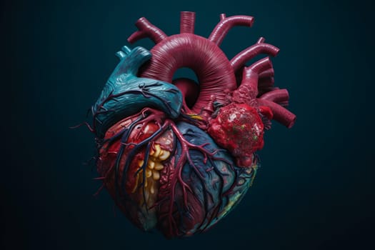 Blue red heart. Care muscle organ. Generate Ai