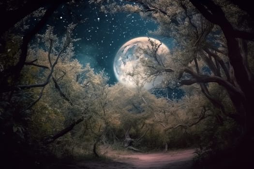 Fairy winter forest moon. Art moon. Generate Ai