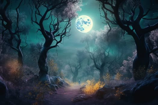 Forest night in magic moon. Natural dream. Generate Ai