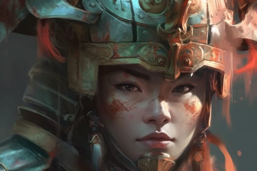 Fantasy warrior with helmet. Armor soldier. Fictional person. Generate Ai