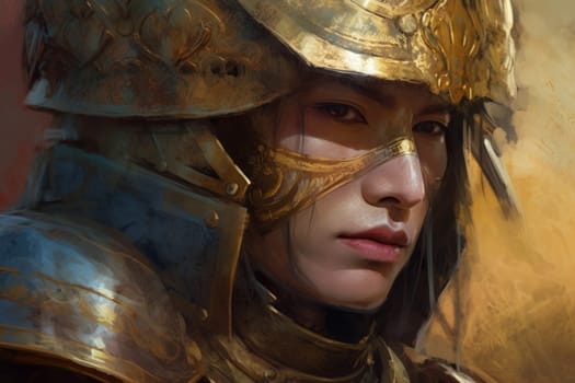 Fantasy warrior with gold helmet. War fire. Fictional person. Generate Ai